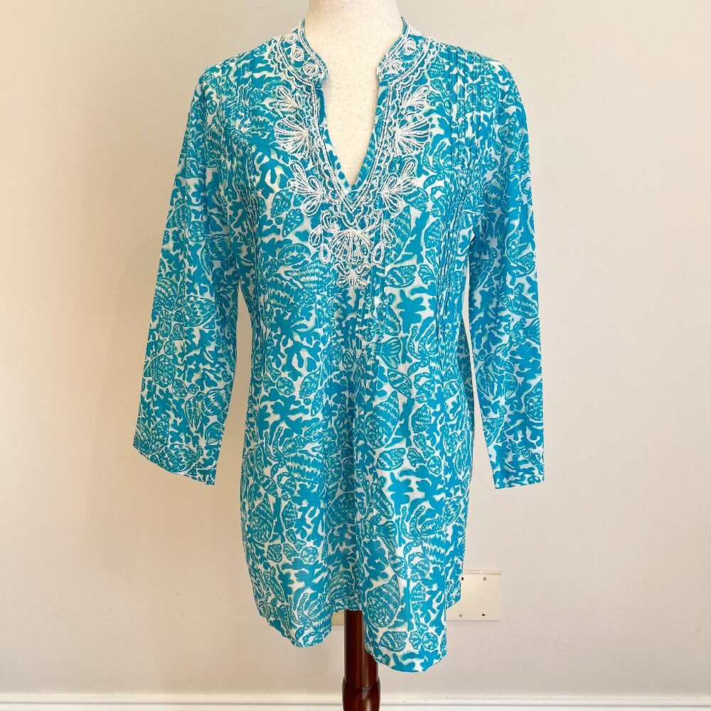 Lilly Pulitzer Tunic Top Womens Medium Aqua White Coral Beaded Coverup Coastal